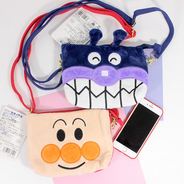 

japan cartoon cute children bread plush bag anpanman bacteria handbag wallet mobile phone bag for girls birthday gifts, Red;black