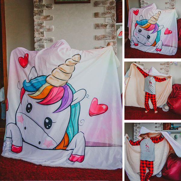 

creative cartoon unicorn pattern children hooded blanket winter warm watch tv camping travel airplane wearable blankets