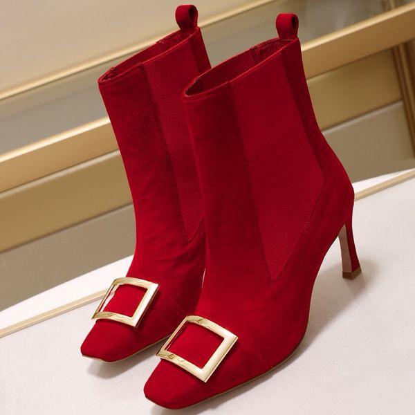 

2019 winter .5cm high heel female boots genuine leather square toe women shoes with buckle ankle boots, Black