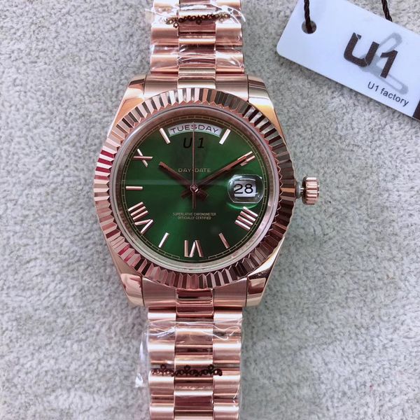 

u1 factory 18k rose gold steel clasp mens watch day-green face president 116-719 cal.2813 automatic watches men ing, Slivery;brown