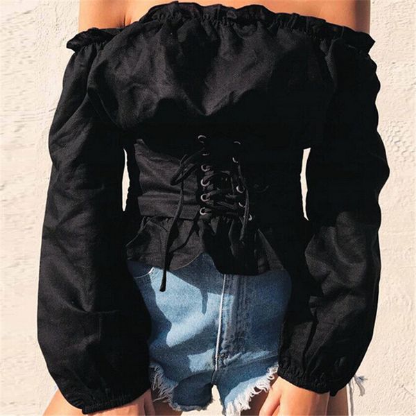 

2018 womens lace up satin corset blouse lantern sleeve off shoulder corset shirt blusa mujer, White