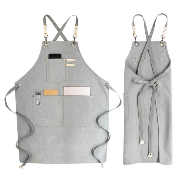 

canvas cook apron barista bartender chef hairdressing apron catering uniform work wear anti-dirty overalls(light gray