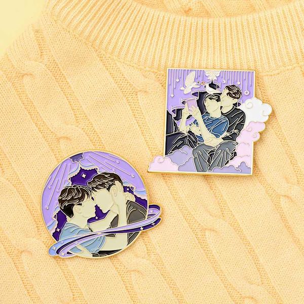 

reading time romantic couple enamel pins purple clouds mountains badge brooches lapel pins shirt bag jewelry for couple's gifts, Gray
