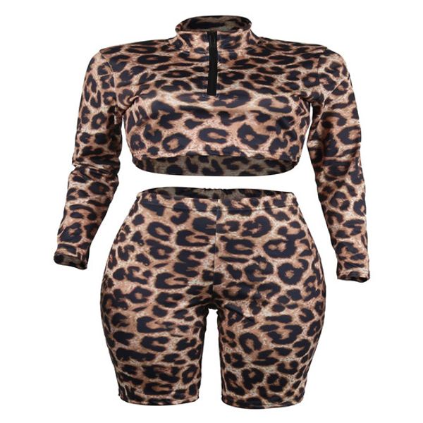 

Fashion Designer Women Leopard 2pcs Shorts Zipper Suits Summer Printed Casual Suits Casual Clothing Fashion Female Tracksuit