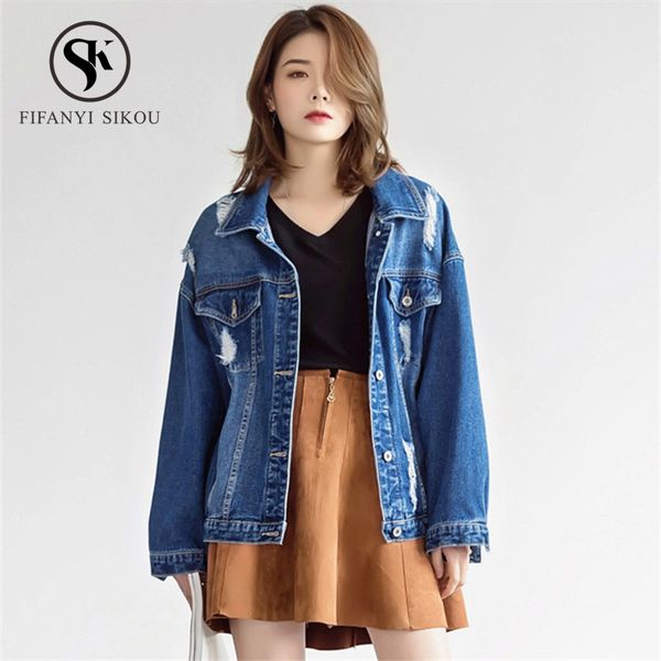 

2019 fashion denim jacket female single breasted pocket ripped jeans jacket women loose casual washed basic denim coat plus size, Black;brown