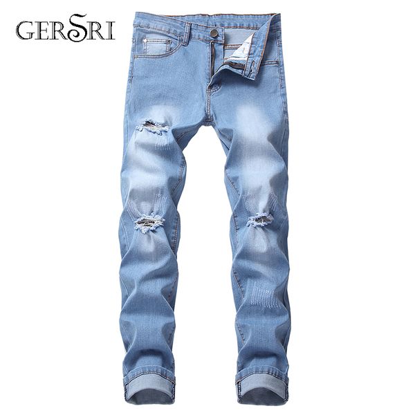 

gersri cotton jean men's pants vintage hole cool trousers guys 2019 summer europe america style plus size 42 ripped jeans male, Blue