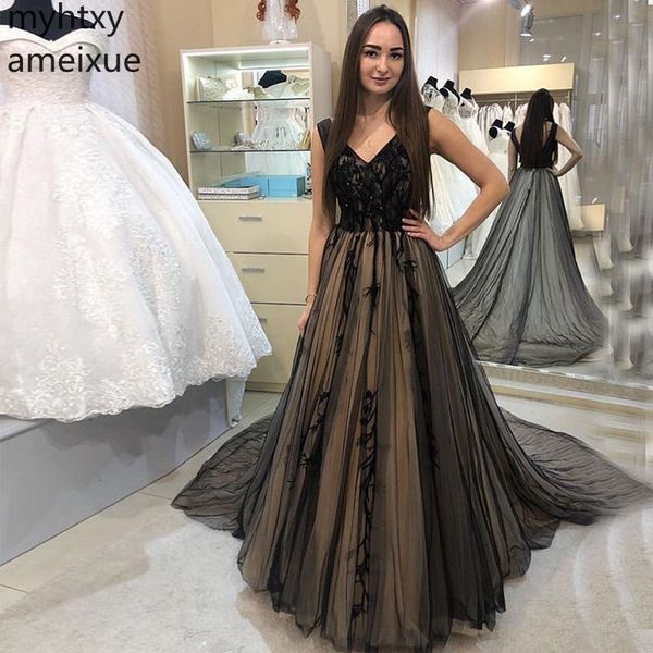 

appliques beaded custom prom dresses v-neck sleeveless black tulle 2019 new formal party dress chapel train gown plus size, White;black