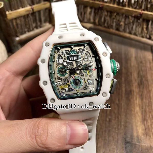 

new 40mm ceramic case big date 11-03 flyback chronograph mens automatic watch hollow dial white rubber strap original buckle gents watches, Slivery;brown