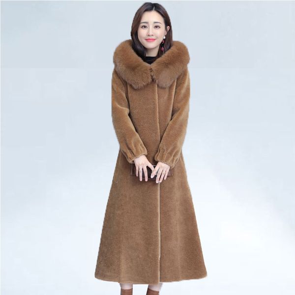 

2019 plus size 4xl winter women natural genuine sheep shearing fur long coats jacket female real fur hooded wool overcoat, Black