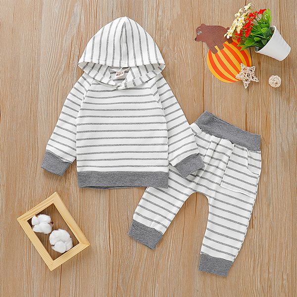 

autumn baby boy girl set cotton long sleeve striped print hoodie sweatshirt+pants trouser costume set, White