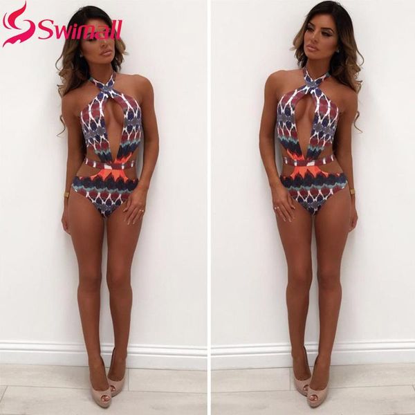 

2019 print swimwear women swimsuit backless one piece swimsuit bandage beachwear hollow bathing suit swim monokini