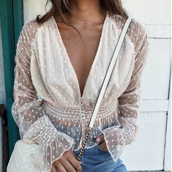 

women 2019 summer mesh sheer elegant blouses female holiday long sleeve transparent see through deep v neck blouse shirts, White