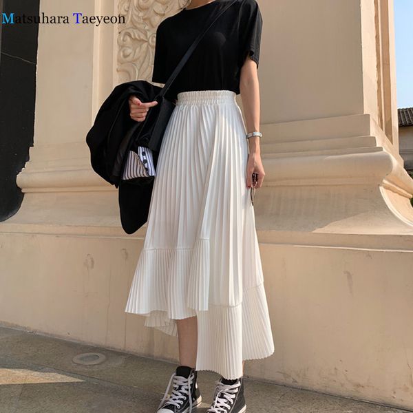 

solid color pleated woman skirt high waist irregular chiffon korean fashion long skirt female simple casual skirts summer 2020, Black