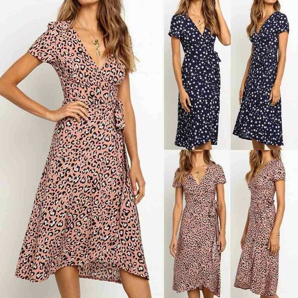 

women summer beach short sleeve v-neck midi dress ladies leopard print evening party dresses sundress, Black;gray
