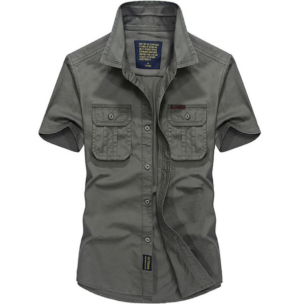 

men's summer pure cotton short sleeve cargo shirts male outdoor hiking riding cardigan breathable lapel tooling shirt, Gray;blue