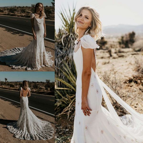 

2019 богемия русалка свадебные платья совок шеи ремень спинки цветок вышивка boho длинные свадебные платья пляж развертки поезд свадебное пл, White