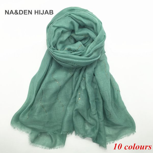 

2019 new 10 color women plain maxi scarf rhinestone scarves and shawls shimmer muslim hijab headbands foulard fringe 1pc, Blue;gray