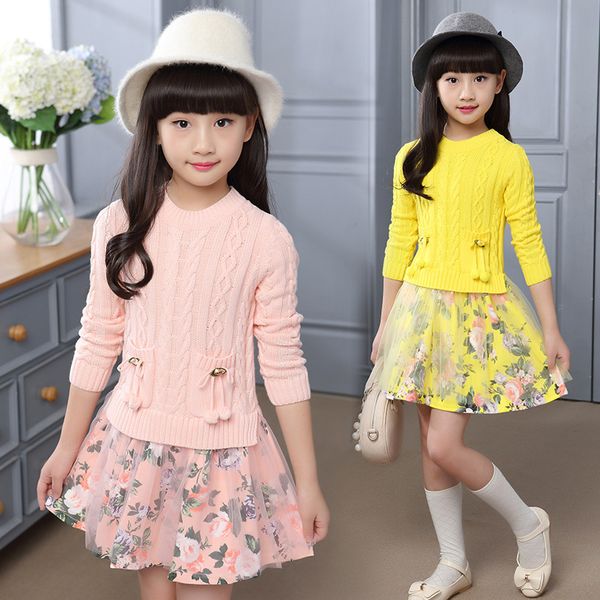 

knitted girls sweater dress kids clothes spring autumn 2018 new pockets mesh reinforced knit kids sweater girls dresses, Blue