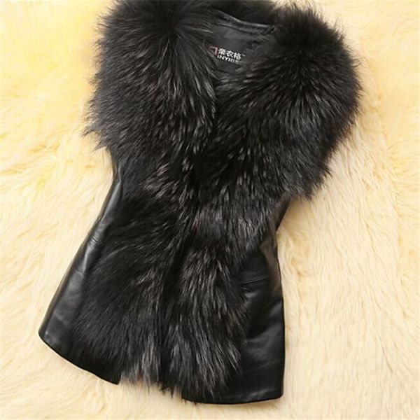 

european and american fashion pu vest wild short slim imitation fur vests back bow imitation scorpion fur collar coat vests, Black;white