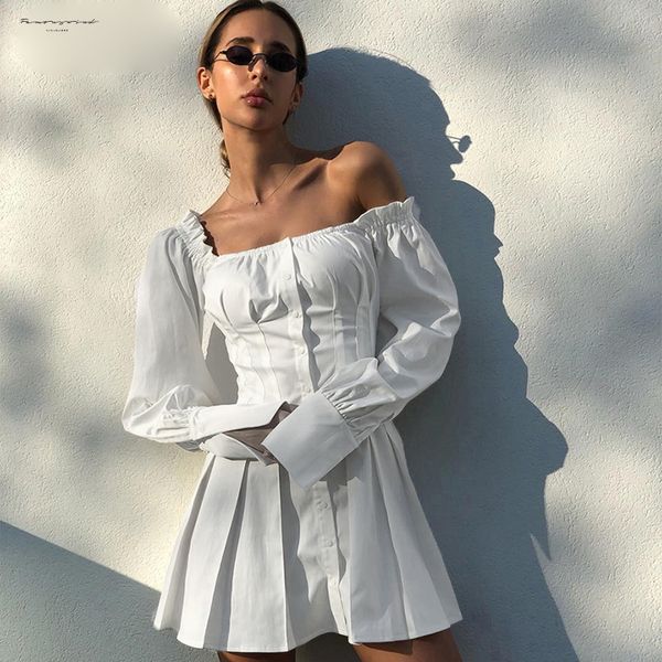 

мини-платья с плеча белая туника платье плиссированные рубашки женщины с длинным рукавом летнее платье женский рябить партии с длинным рукав, Black;gray