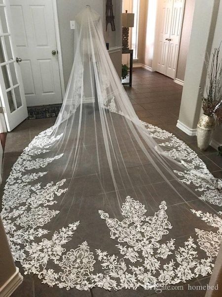 

2019 wedding veils amazing bridal accessories tulle two layers veil with lace appliques 3 meters long cathedral bridal veils with comb, Black