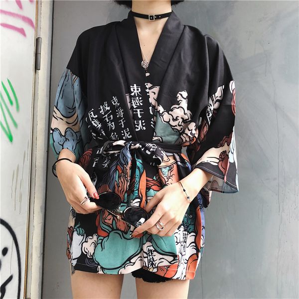 

women women blouses harajuku japanese kimono print 2019 chimono summer cosplay yukata sunscreen fashion thin loose blouse 11192, White