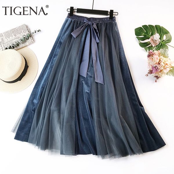 

tigena elegant a-line pleated long maxi skirt women fashion 2019 autumn winter high waist tulle velvet skirt female green blue, Black