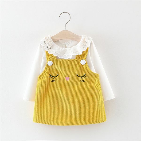 

autumn new baby girl dress princess dress long sleeves t-shirt with cartoon corduroy vest 2pcs clothes set girl clothes, Red;yellow