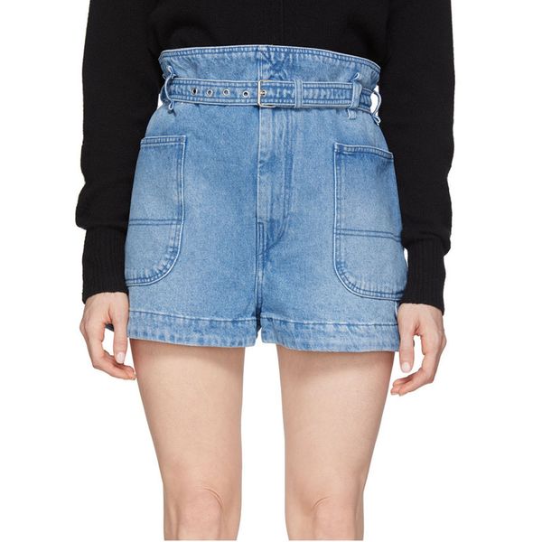 

2020 summer new method trial light blue jeans women's high belt work clothes wind flower bud a-word gray shorts hot