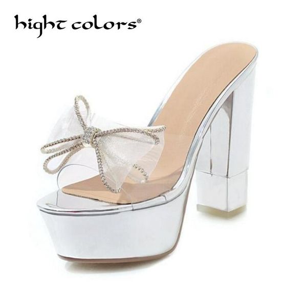 

summer female slides thick with bow rhinestones super high heel transparent sweet wear waterproof platform women's slippers, Black