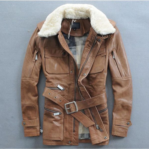 

lambswool fashion multi-pocket turn-down collar sheep skin genuine leather jacket in the long section mans clothing slim fit, Black