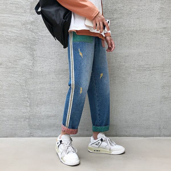 

spring new jeans men fashion wash collision color straight casual cotton denim pants street hip hop loose drawstring trousers, Blue