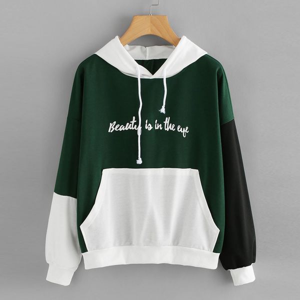 

womens sweatshirt hoodies patchwork letters printed long sleeve hooded sweatshirt jumper pullover blouse sudadera mujer, Black