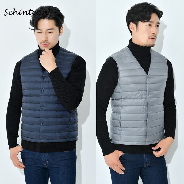 

schinteon men light down vest gielt casual waistcoat spring autumn white duck down jacket male v-neck sleeveless coat liner vest, Black