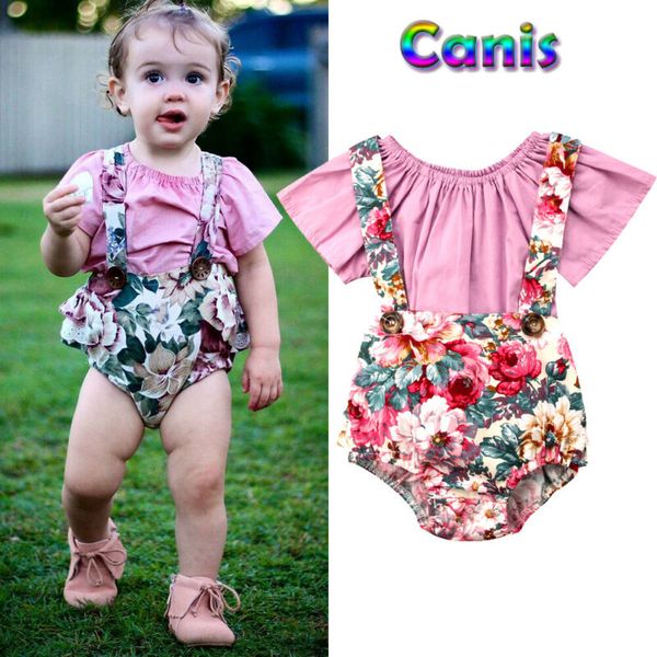 

uk 0-24m newborn girls solid t-shirt+floral bib pants shorts summer outfits sets, White