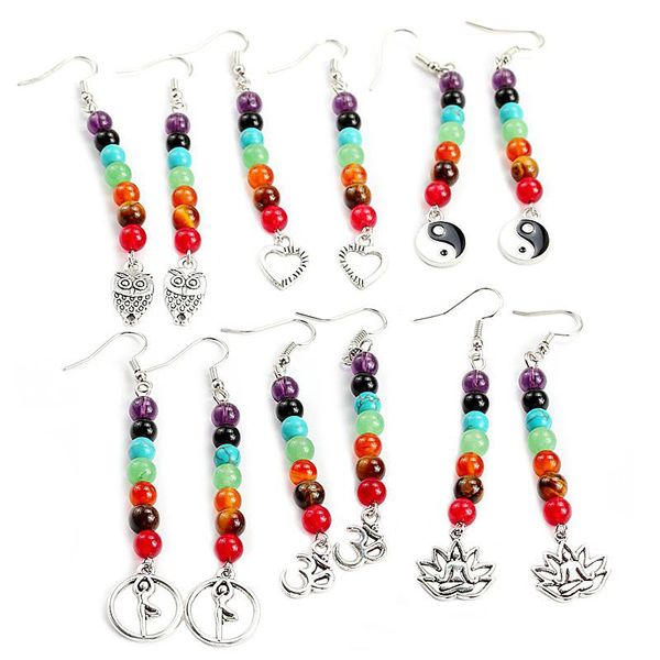 7 Chakra Beads Dangle Earring OM Hindu Símbolo do Coração Owl Shaped longo brincos por Mulheres Yoga Jóias Atacadista de Energia