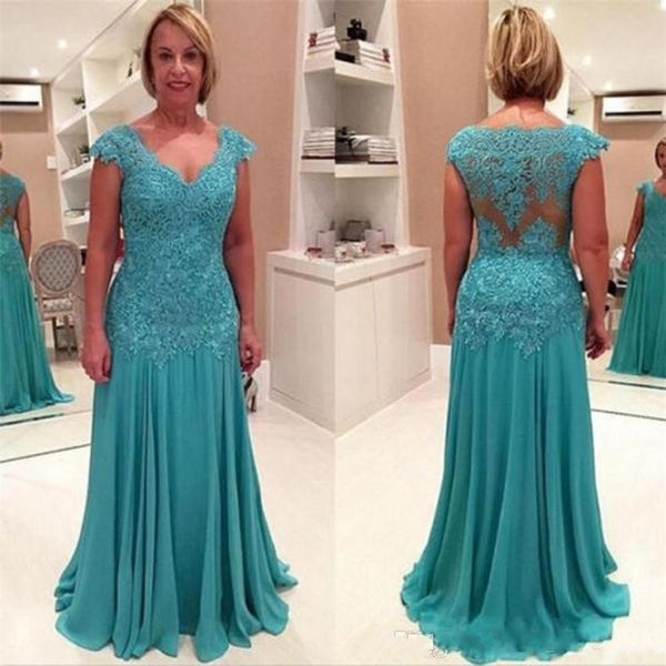 

Plus Size Mother of the Bride Dresses V- Neck Blue Chiffon Long Evening Dress With Appliques Vestidos Madre De La Novia