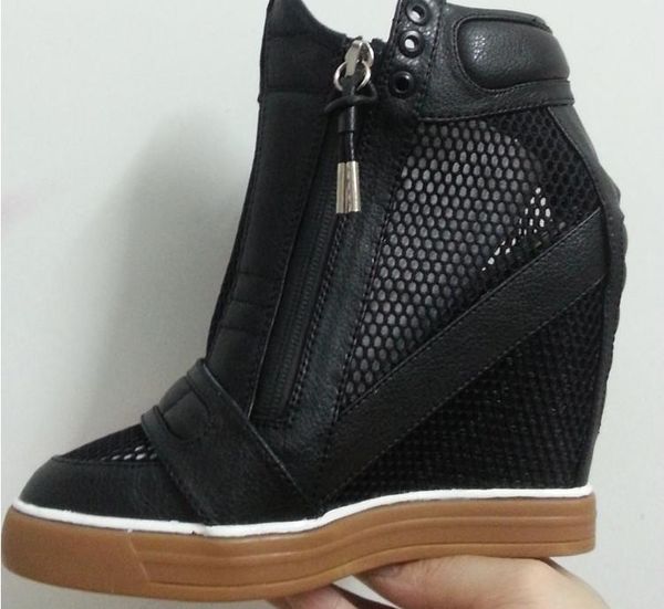 

mesh height increasing shoes women black-white heel wedges sneakers zip up leather women's casual shoes