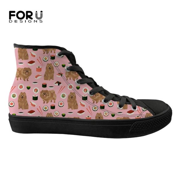 

forudesigns classic high flats women canvas shoes kawaii animal dog pomeranian pattern casual women's sneakers shoes woman, Black