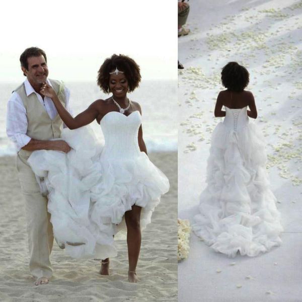 

Sexy African Beach Boho Wedding Dresses High Low Chapel Train White Organza Bridal Gowns Sweetheart Cascading Ruffles Tiers Wedding Dress