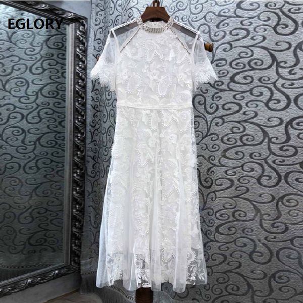 

grade new 2019 summer runway dress women sheer mesh embroidery beading short sleeve midi party white pink dress xl, Black;gray