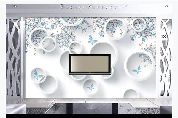 3D maßgeschneiderte große Fototapete Blau handbemalte florale dreidimensionale Kreis moderne Mode 3D Wohnzimmer TV Hintergrundwand