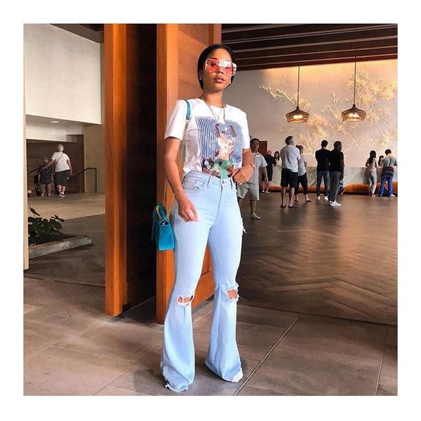 

2019 new high waist flare jeans women vintage hollow out hole denim pants casual full length solid trousers, Blue