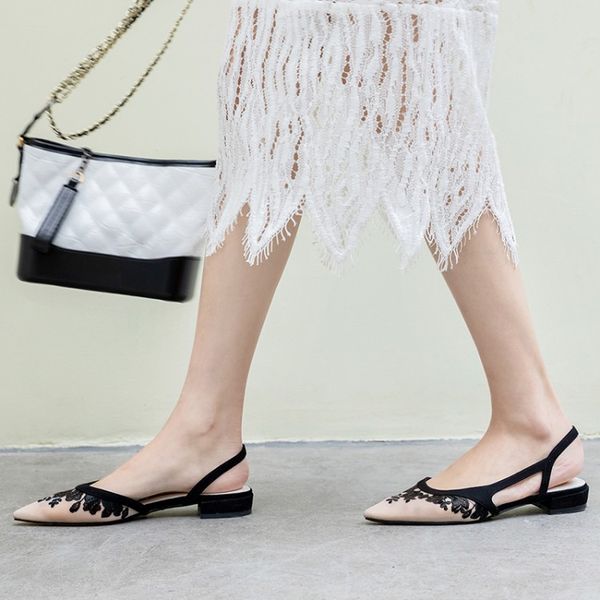 

elegant nude mesh flower embroidery flat slingbacks pointed toe laciness lady shoes spring summer, Black
