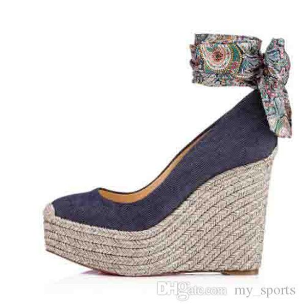 

120mm red bottom wedge high heels pumps barbariazeppa blue denim ankle bow tie,luxury women party wedding pumps shoes, Black