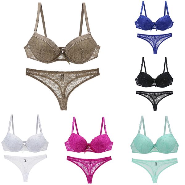 

vervie solid adjustable women's bra set lace super gathered bras deep v diamonds decor low waist underwear plus size 90c, White;black