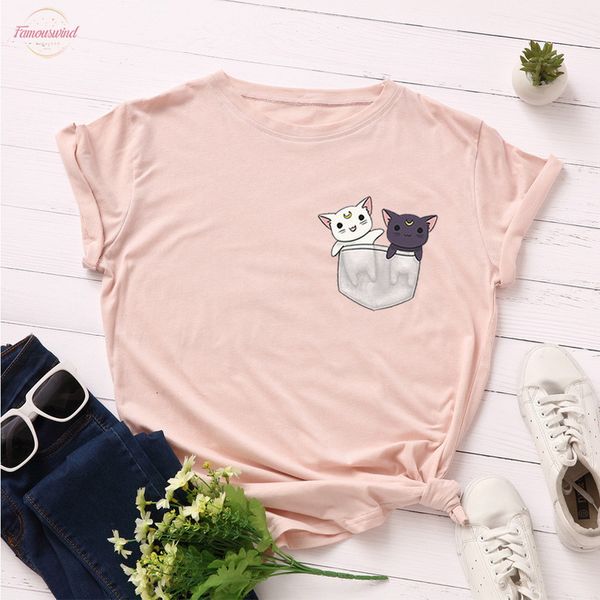 

симпатичный мультфильм китти женщины тенниска 2020 мода карманного cat 100% хлопок tops большого размера животные kawaii печати тенниска нов, White