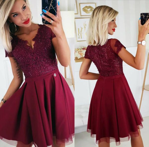 

burgundy short prom dresses lace appliqued sequins a line deep v neck cocktail party gowns custom made mini evening dress, Black