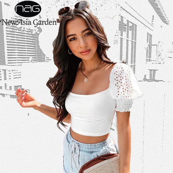 

newasia старинные кружева блузки женщины blusas рубашка квадратный воротник puff коротким рукавом блузки топы свободного покроя рубашки лето, White