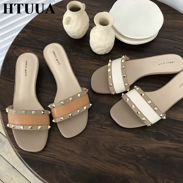 

htuua 2019 korean fashion rivet med heel women slippers summer slides casual flip flop beach shoes woman outside sandals sx2671, Black